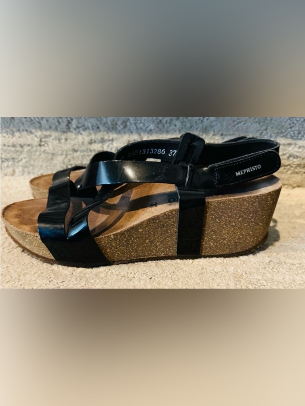 Mephisto Black Strappy Cork Wedge Sandals
